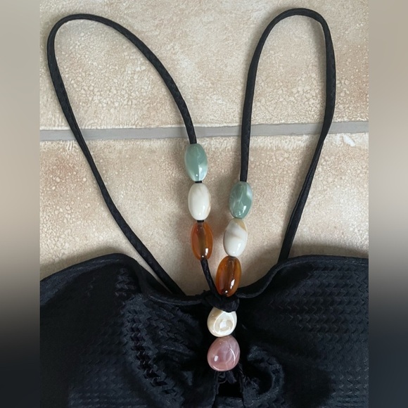 BLACK 1960S SOLID TEXTURED BANDEAU HALTER SWIMSUIT, STONE DETAIL; L - Picture 2 of 7